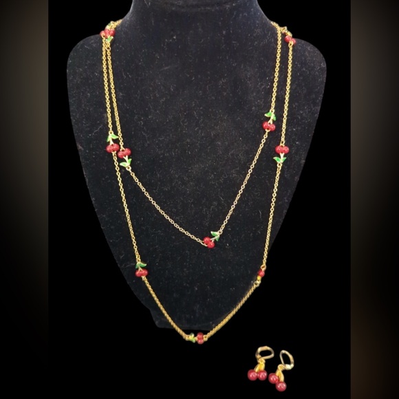 Joan River Custom Enamel Cherry Necklace and Earrings set - Picture 5 of 17